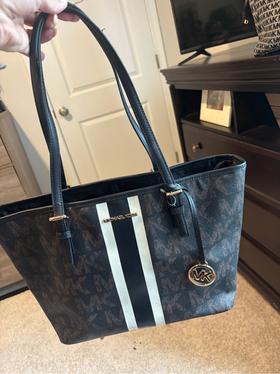 Michael Kors Handbags - Michael Kors Brown Logo Tote with Black & White Center Stripes